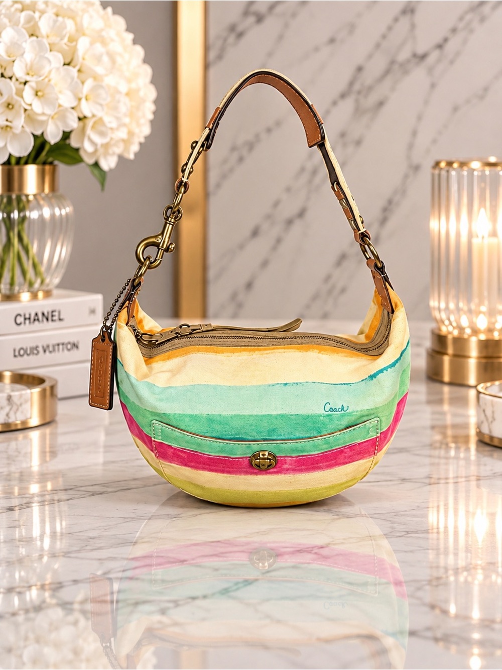 Coach Multicolor Striped Canvas Shoulder Hobo Bag & Matching Card Holder Set